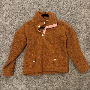 J Crew Vintage Fleece Tan Sherpa Jacket with Pink Trim